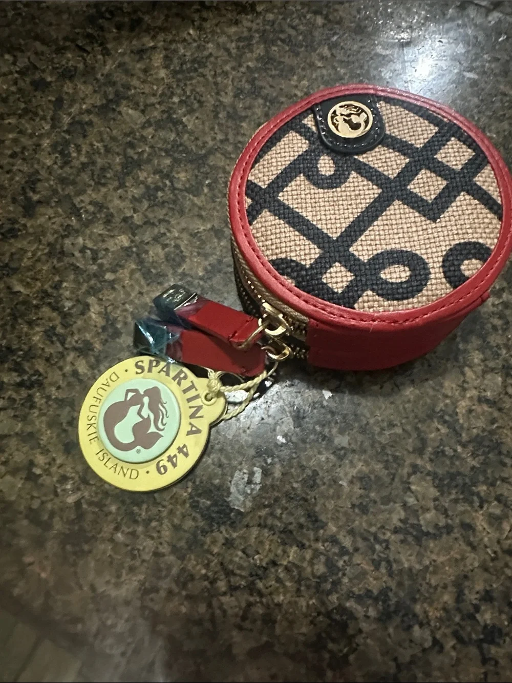 Spartina 449 Red Trim Round Card & Coin Holder with Patterned Fabric